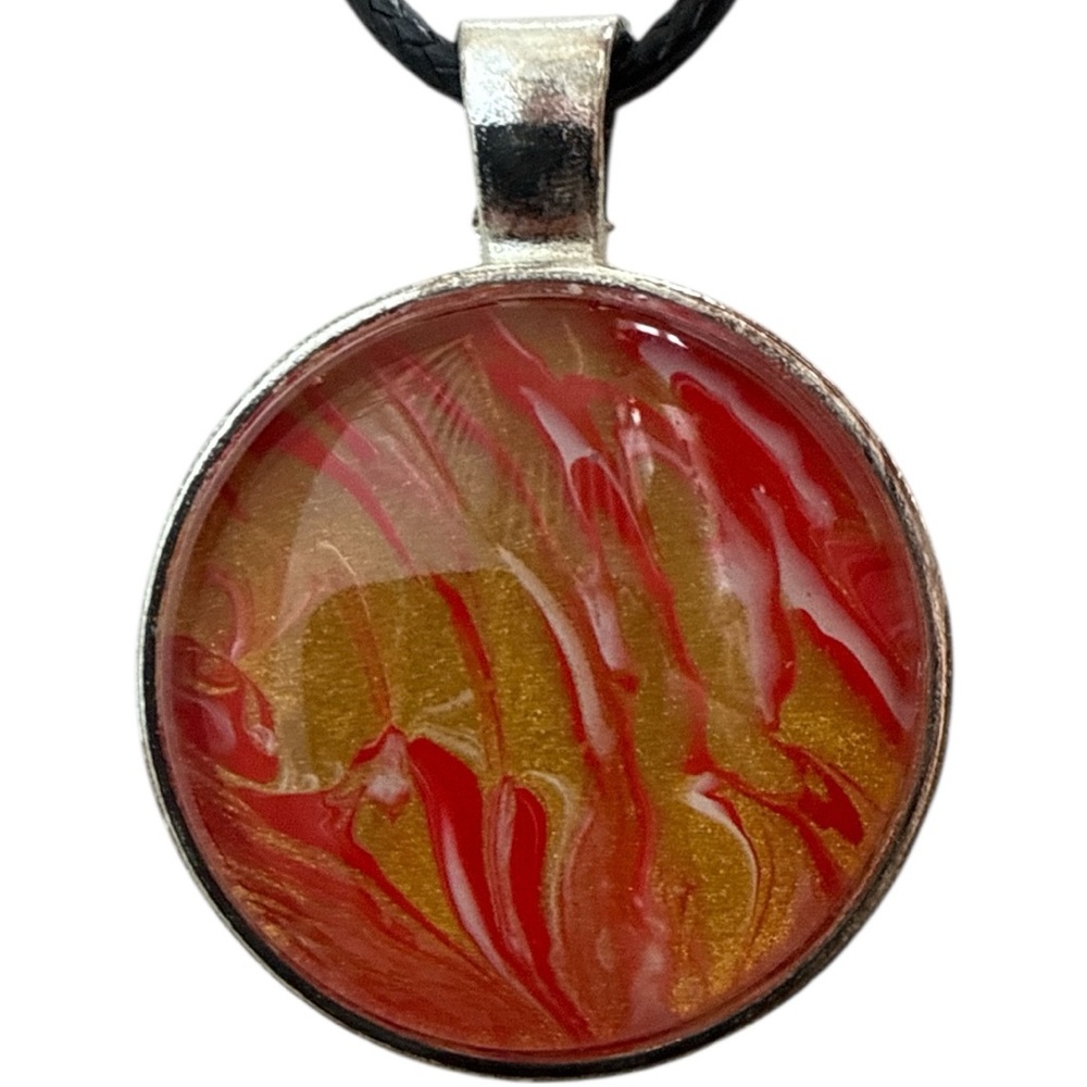 Handmade Red Gold Round Pendant Necklace Fluid Art Cabochon